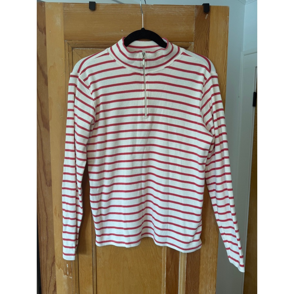 L.L. Bean 100% Cotton 1/4 Zip Red Striped pull over Coastal Size Medium